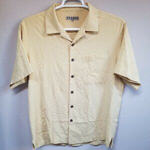 Enzone Island Men Large Light Brown Check Short Sleeve Button Up Shirt Pocket